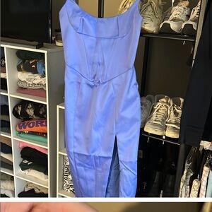 Elegant Blue Satin Dress with Slit